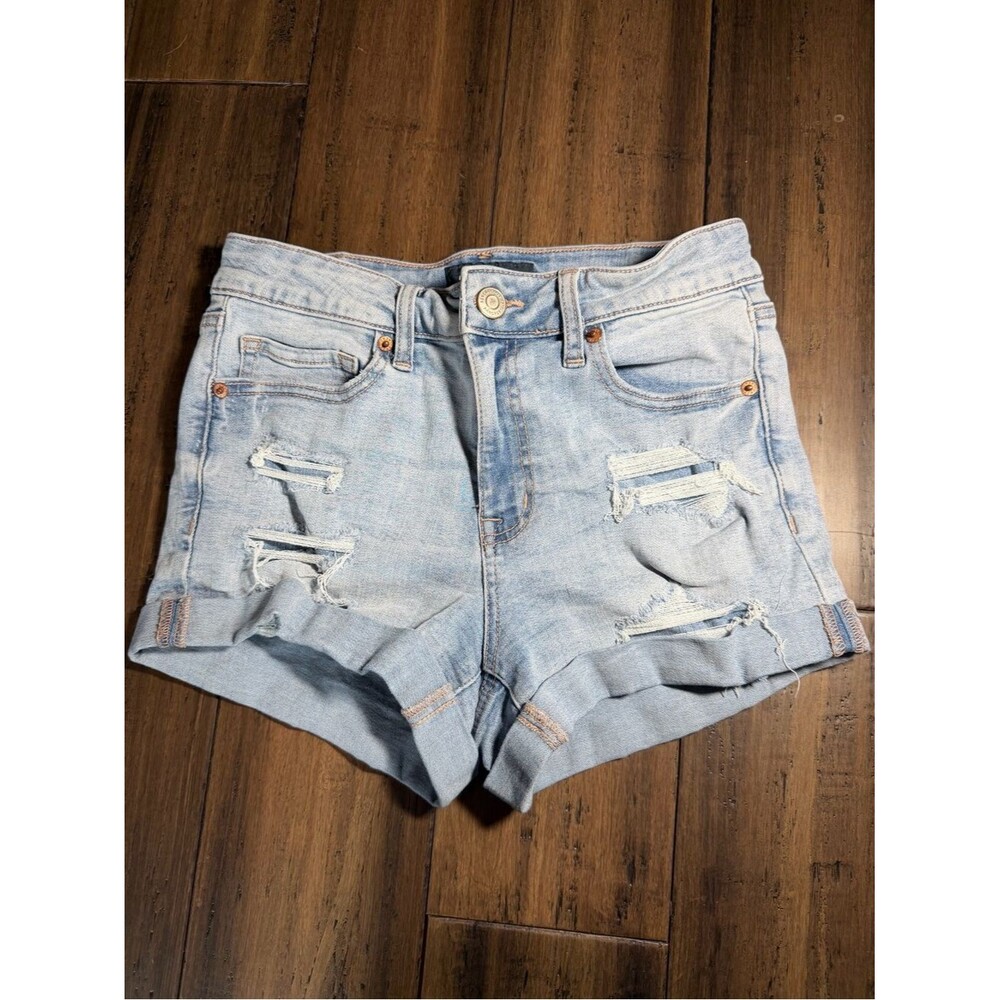 Aeropostale High Rise Midi Light Blue Distressed Denim Cuffed Shorts Women’s 2